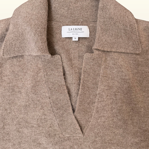 NEW La Ligne Cashmere V Neck Collared Sweater size Medium Camel Wool Pullover - Picture 5 of 9